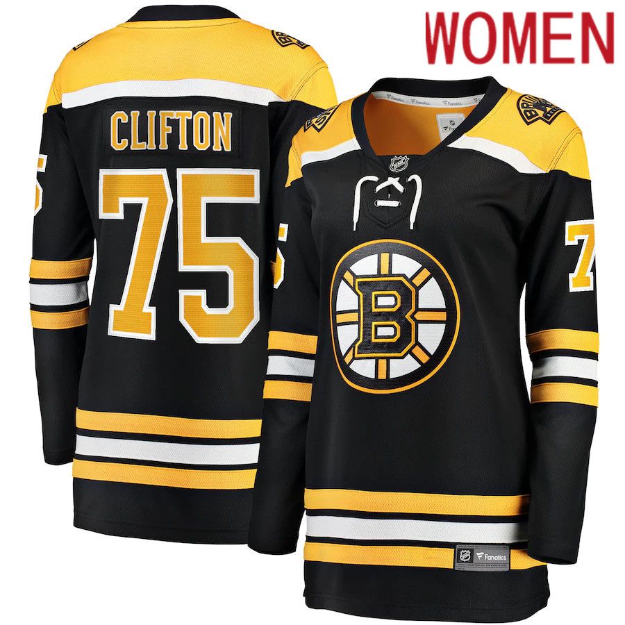 Women Boston Bruins 75 Connor Clifton Fanatics Branded Black Home Breakaway NHL Jersey